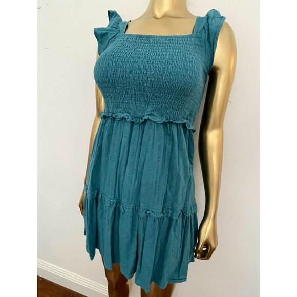 Vintage Y2K Old Navy Teal Smocked Dress With Ruffle Straps & Skirt Cottagecore - Picture 2 of 12